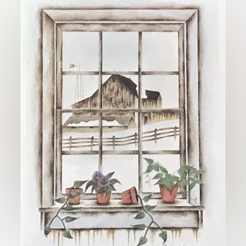 Farmyard Window View Art Print Signed B Sienkiewicz Barn Country Winter Rustic - Picture 1 of 5